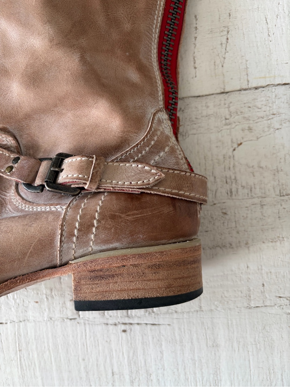 Freebird Roadey Size 7 Taupe Distressed Leather Tall Riding Boots Tan Red Zipper - Picture 2 of 9
